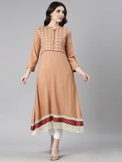 women beige three quarter sleeve a-line kurta - 21729797 -  Standard Image - 0