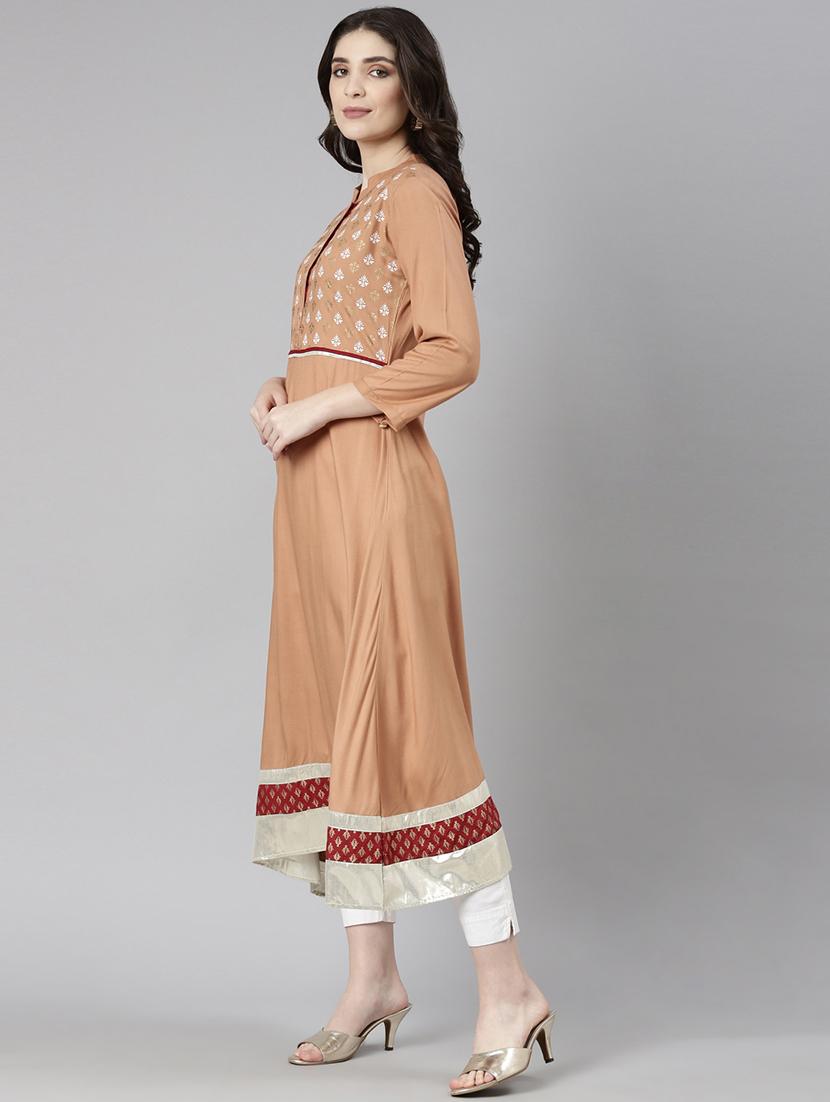women beige three quarter sleeve a-line kurta - 21729797 - Standard Image - 3