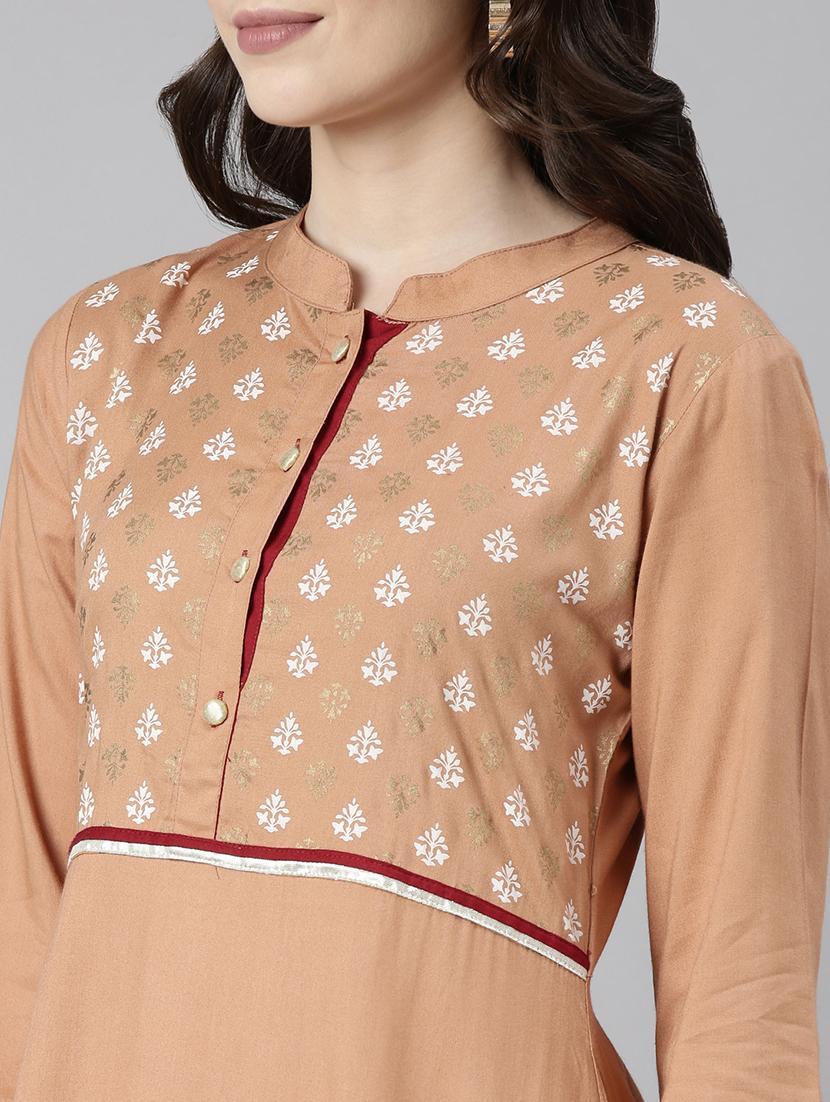women beige three quarter sleeve a-line kurta - 21729797 - Standard Image - 5