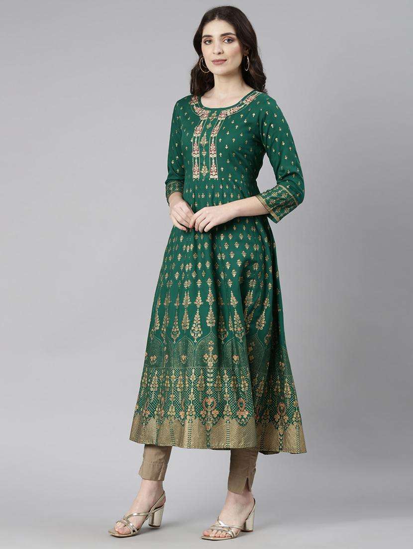 women green three quarter sleeve flared kurta - 21729799 -  Standard Image - 3