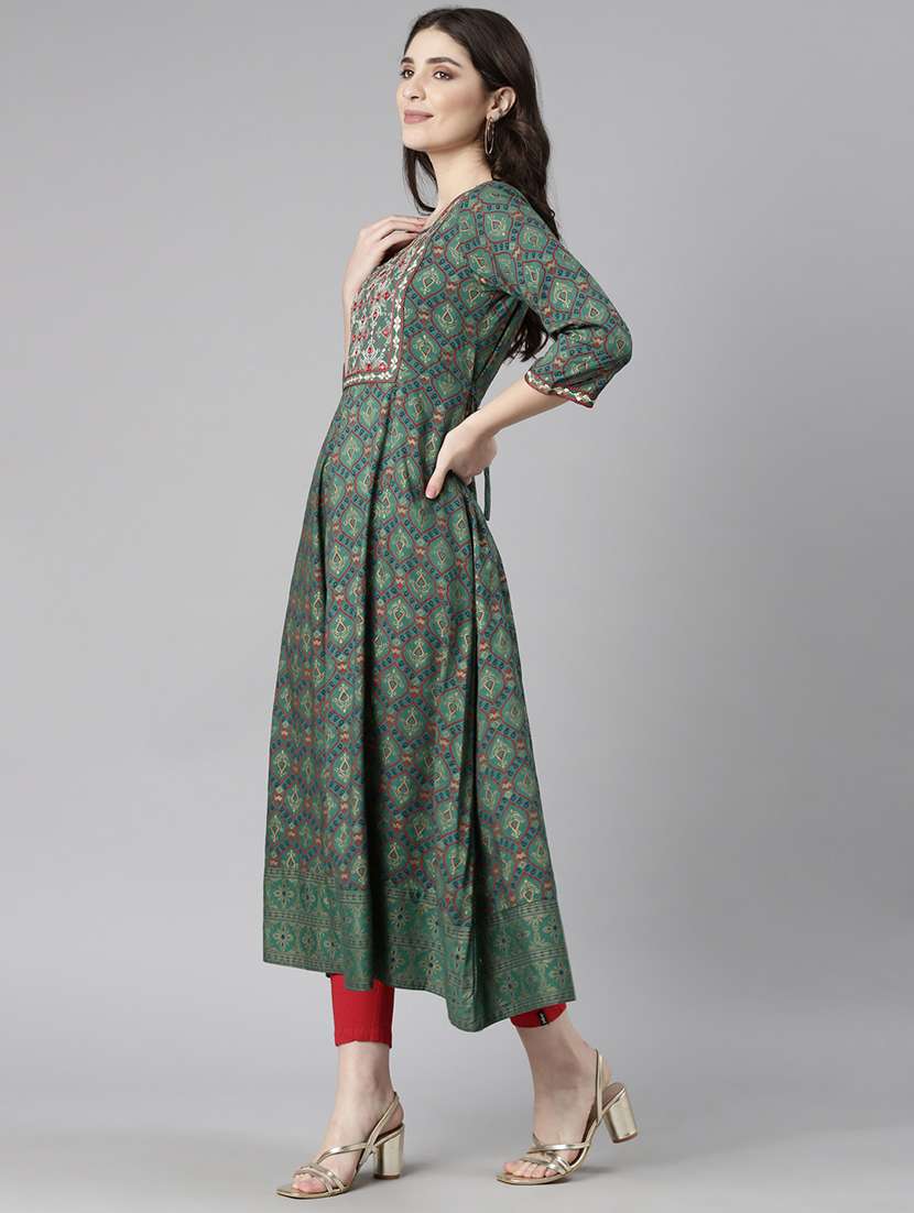 women green three quarter sleeve flared kurta - 21729800 -  Standard Image - 3
