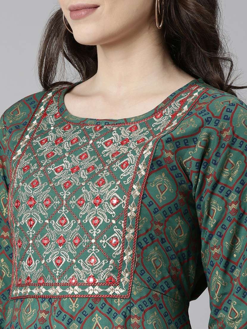 women green three quarter sleeve flared kurta - 21729800 -  Standard Image - 5