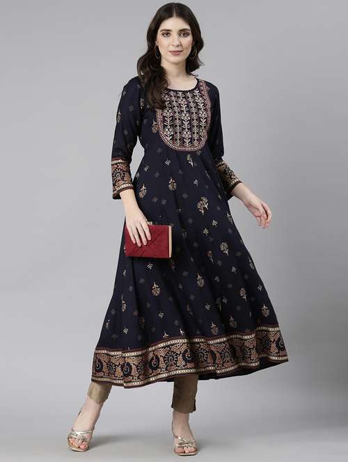 women navy blue three quarter sleeve flared kurta - 21729801 -  Standard Image - 0
