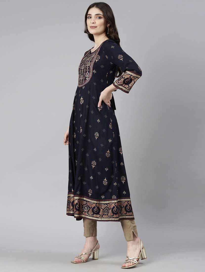 women navy blue three quarter sleeve flared kurta - 21729801 -  Standard Image - 3