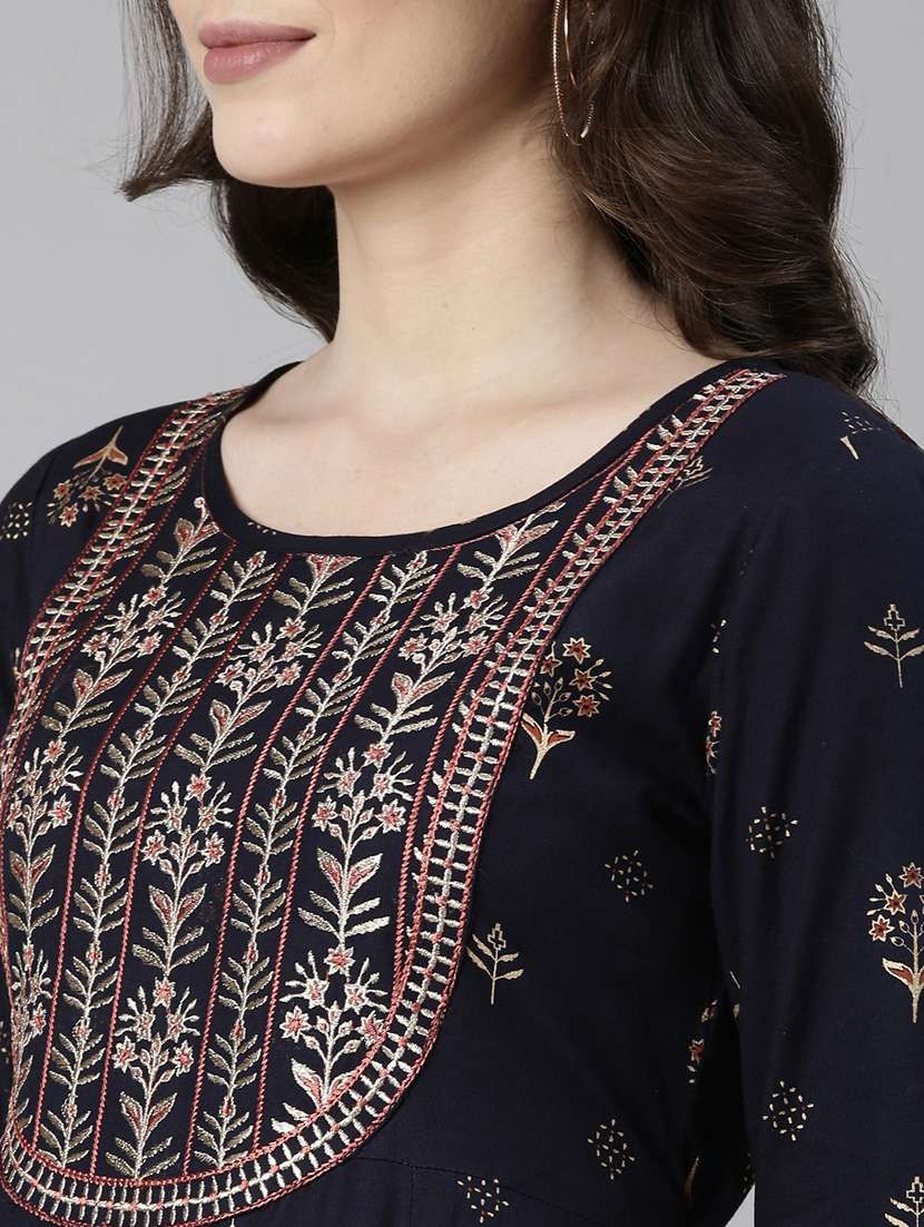 women navy blue three quarter sleeve flared kurta - 21729801 -  Standard Image - 5
