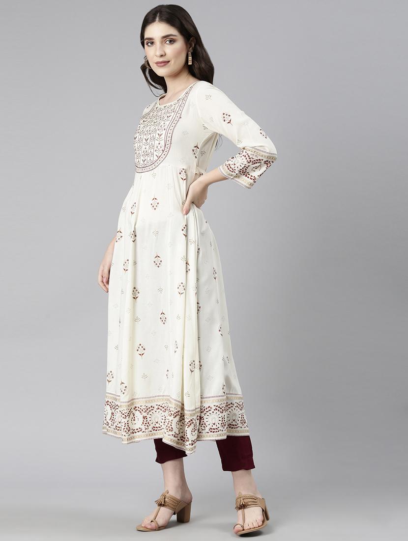 women off white three quarter sleeve flared kurta - 21729803 - Standard Image - 3