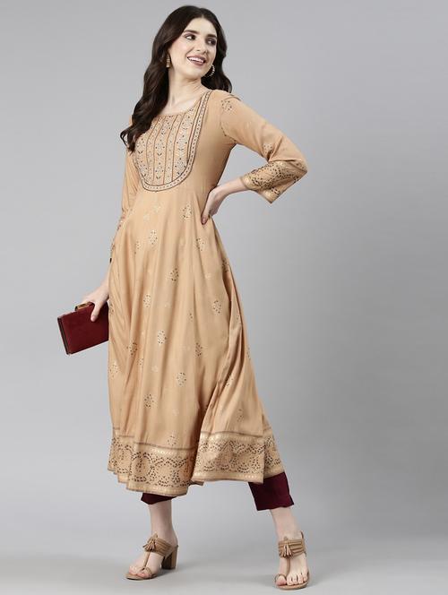 women beige three quarter sleeve anarkali kurta - 21729804 -  Standard Image - 0