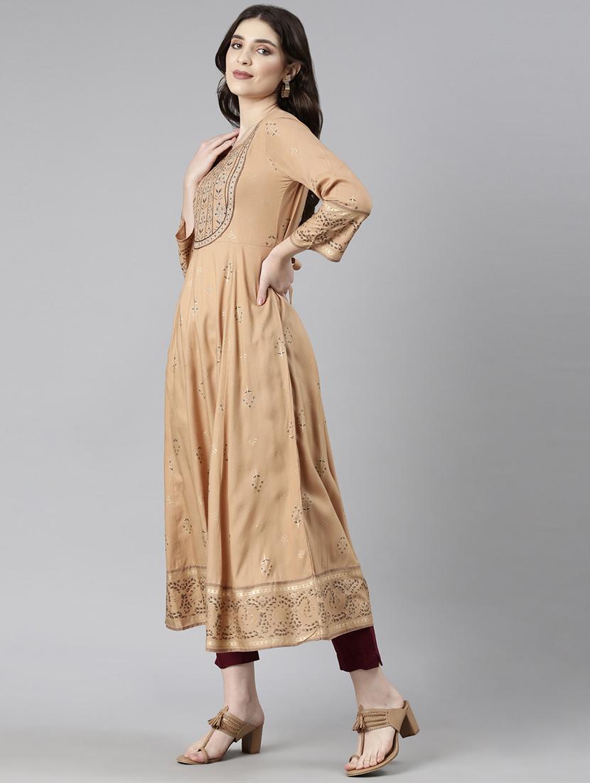 women beige three quarter sleeve anarkali kurta - 21729804 - Standard Image - 3