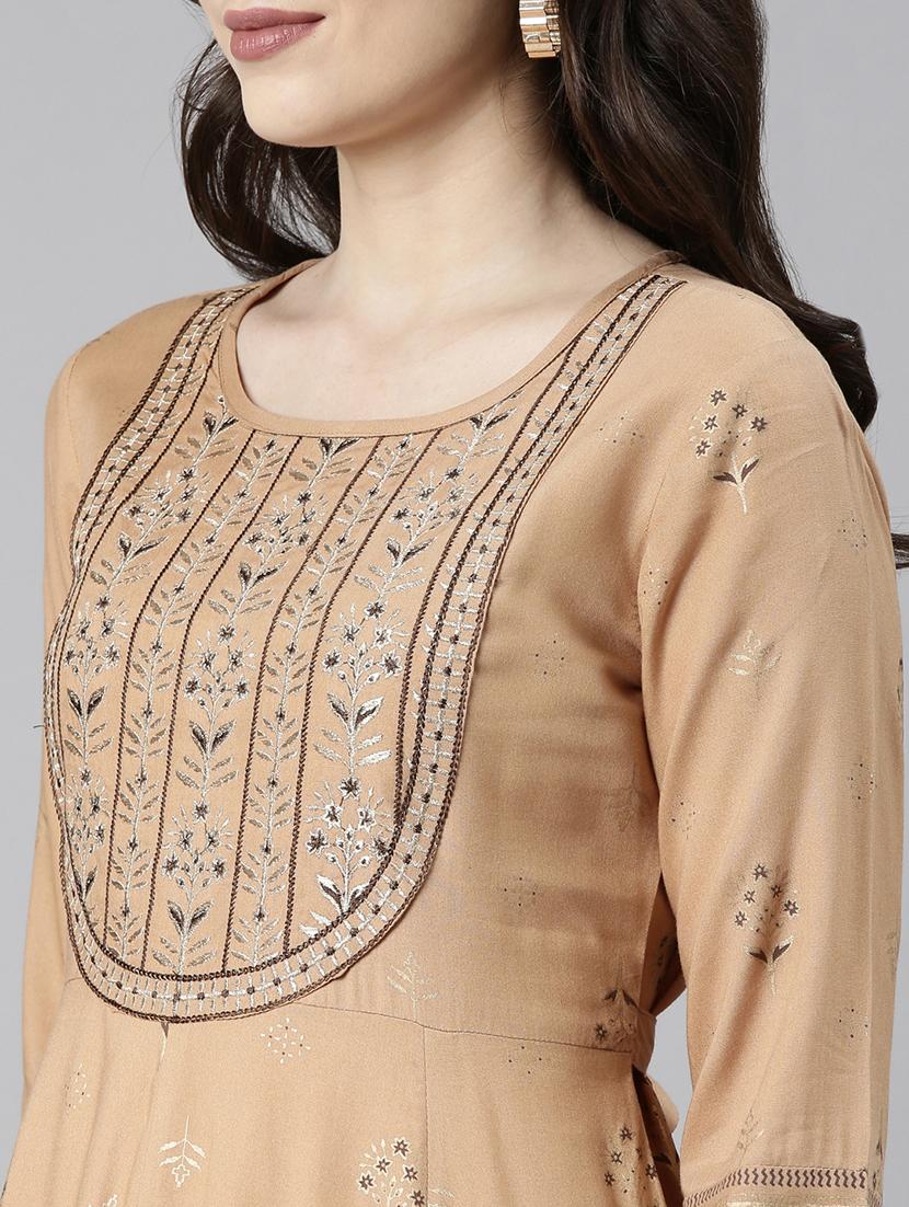 women beige three quarter sleeve anarkali kurta - 21729804 - Standard Image - 5