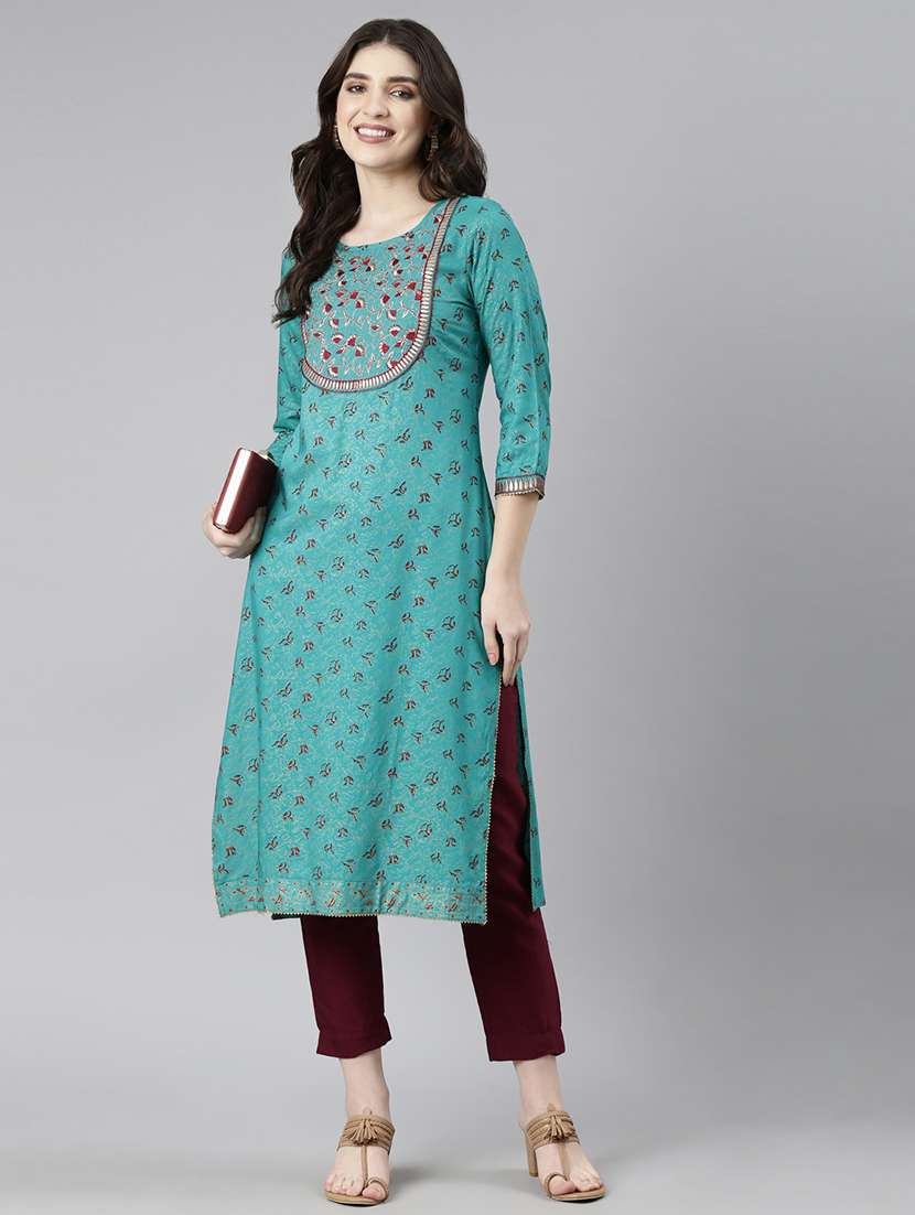 women embroidered three quarter sleeve straight kurta - 21729805 - Zoom Image - 0