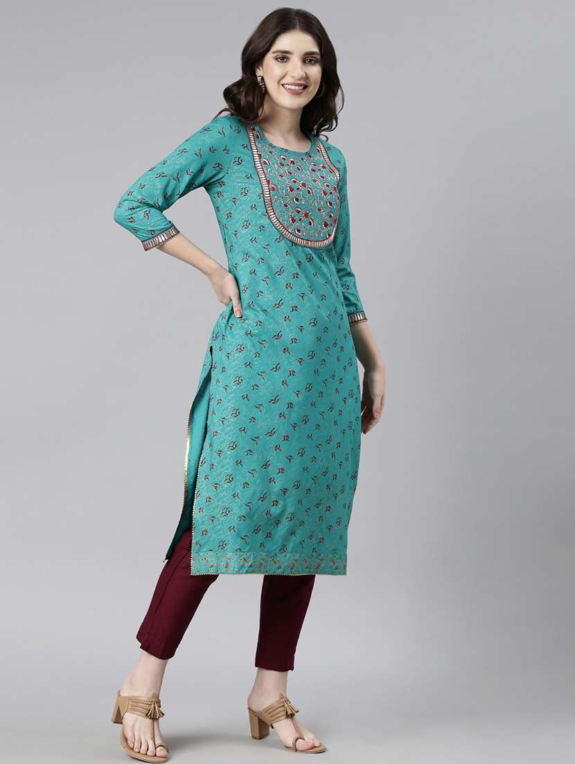 women embroidered three quarter sleeve straight kurta - 21729805 - Standard Image - 3