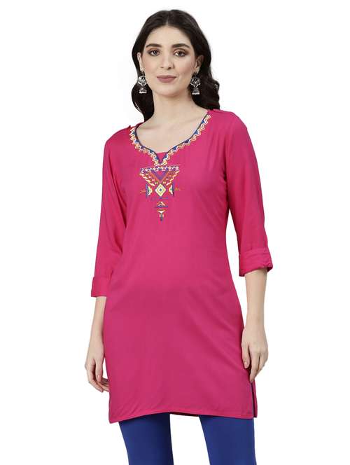 women pink three quarter sleeve straight kurti - 21729806 - Standard Image - 0