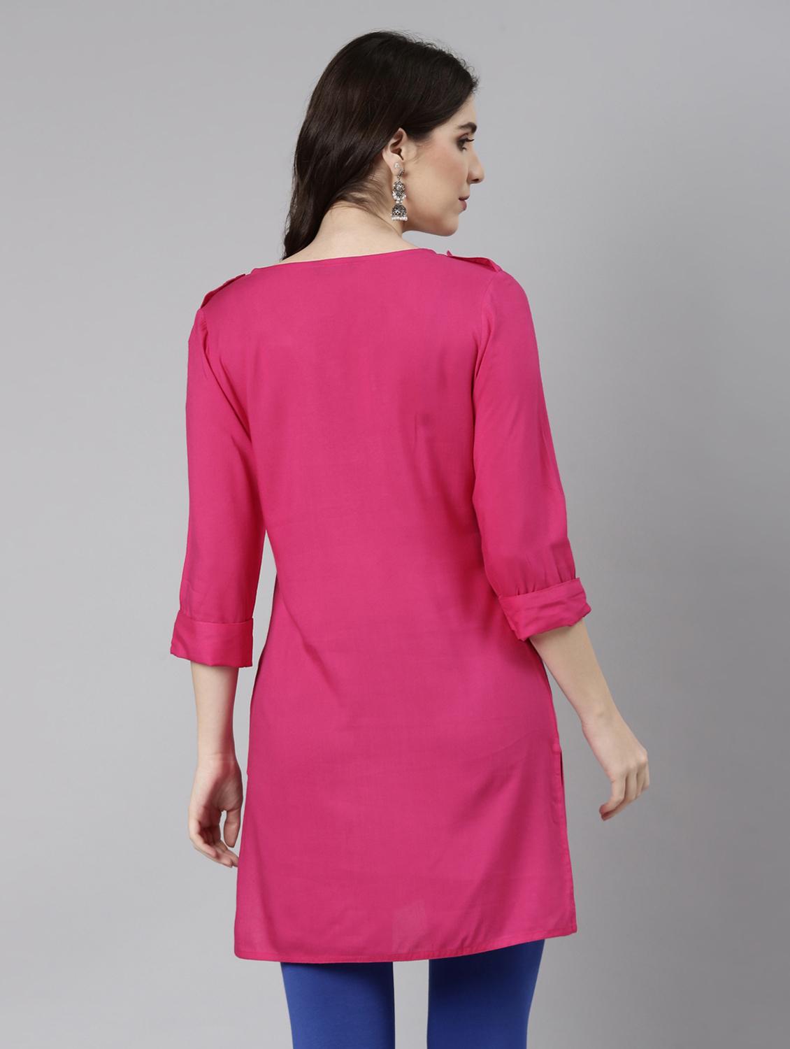 women pink three quarter sleeve straight kurti - 21729806 - Standard Image - 3