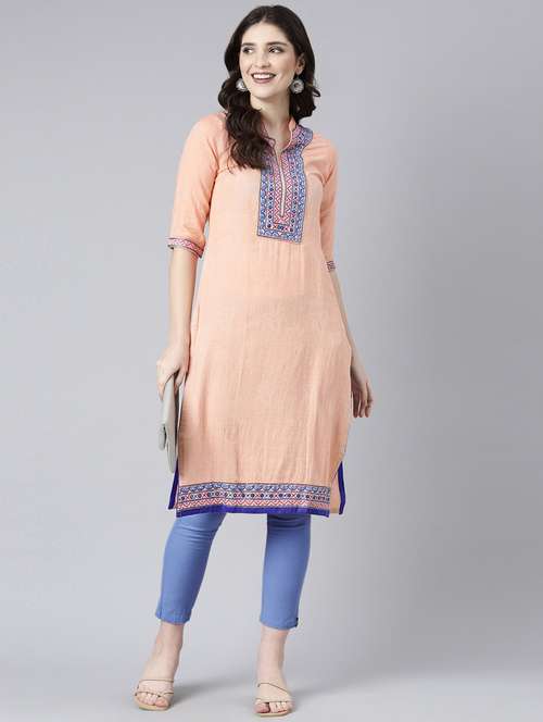 women embroidered three quarter sleeve straight kurta - 21729807 -  Standard Image - 0