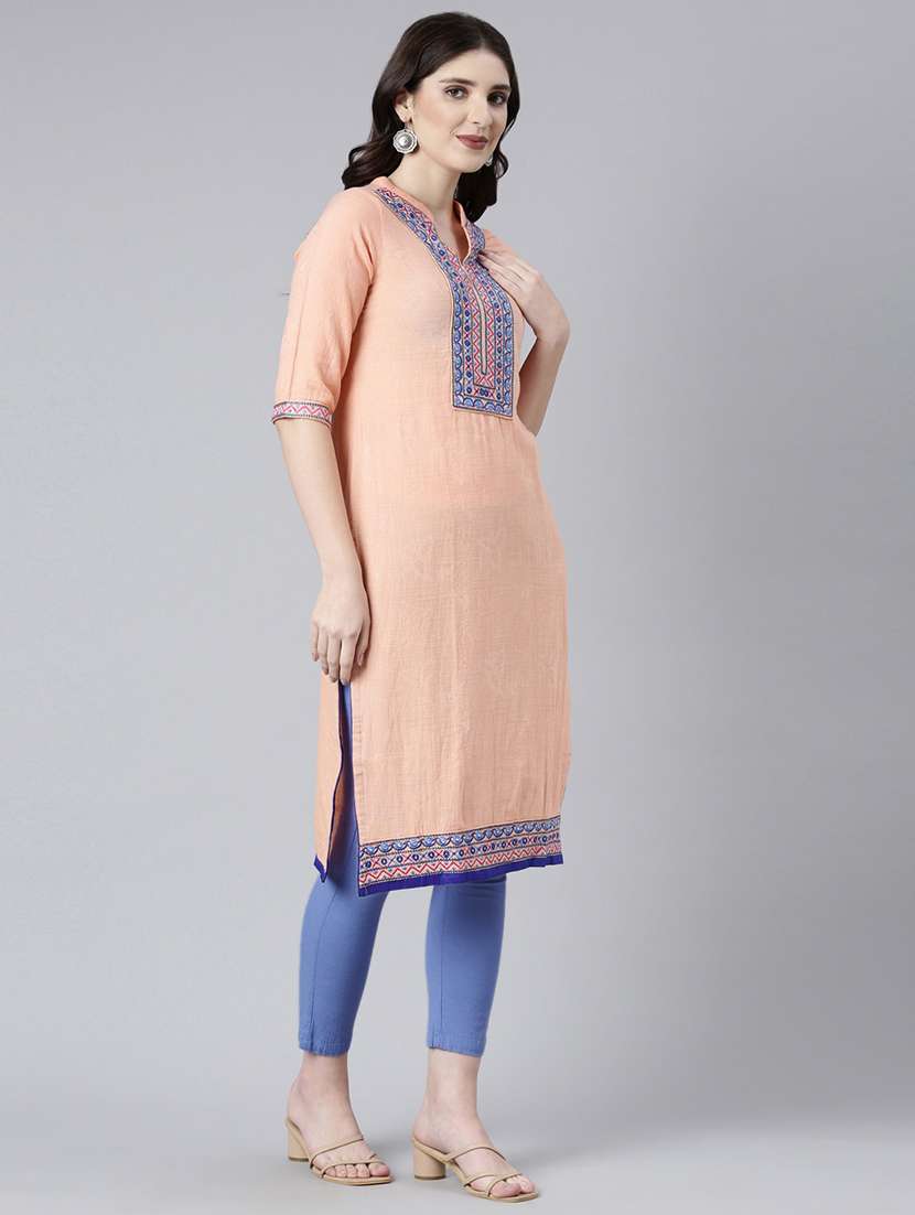 women embroidered three quarter sleeve straight kurta - 21729807 -  Standard Image - 3