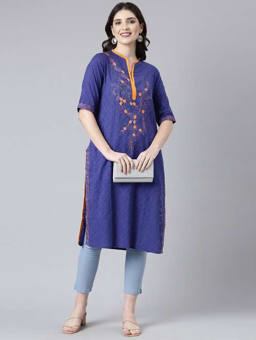 women blue embroidered three quarter sleeve straight kurta - 21729808 -  Standard Image - 0
