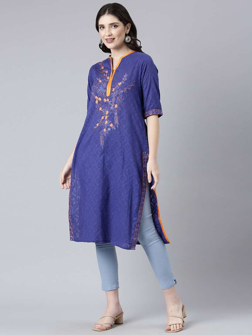 women blue embroidered three quarter sleeve straight kurta - 21729808 -  Standard Image - 3
