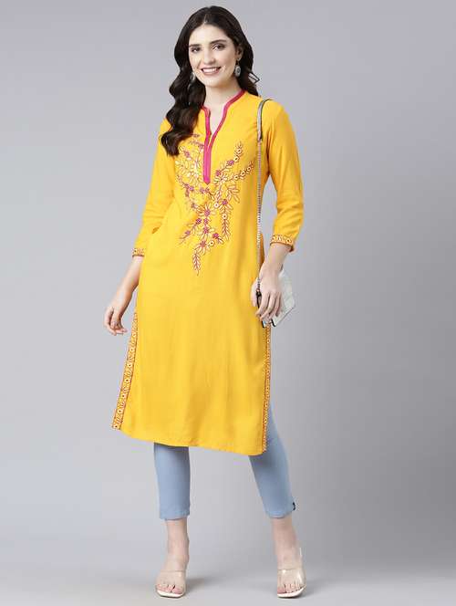 women embroidered three quarter sleeve straight kurta - 21729809 -  Standard Image - 0