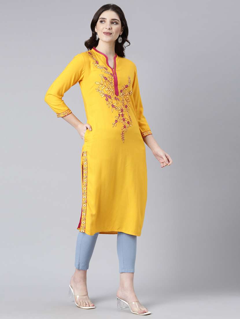 women embroidered three quarter sleeve straight kurta - 21729809 -  Standard Image - 3