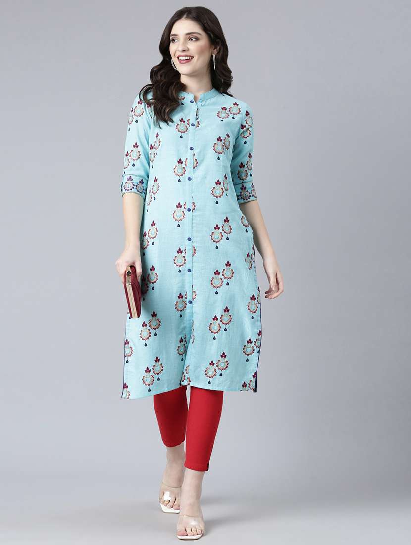 women embroidered three quarter sleeve straight kurta