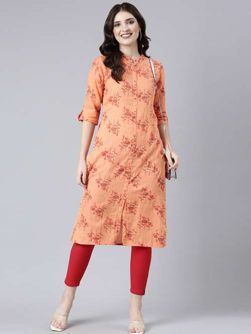 women peach floral roll up sleeve straight kurta - 21729811 - Standard Image - 0