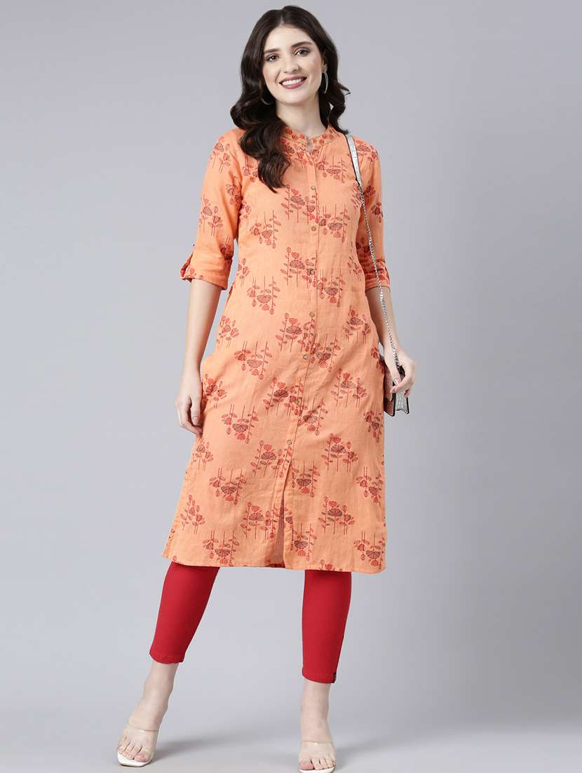 women peach floral roll up sleeve straight kurta - 21729811 - Zoom Image - 0