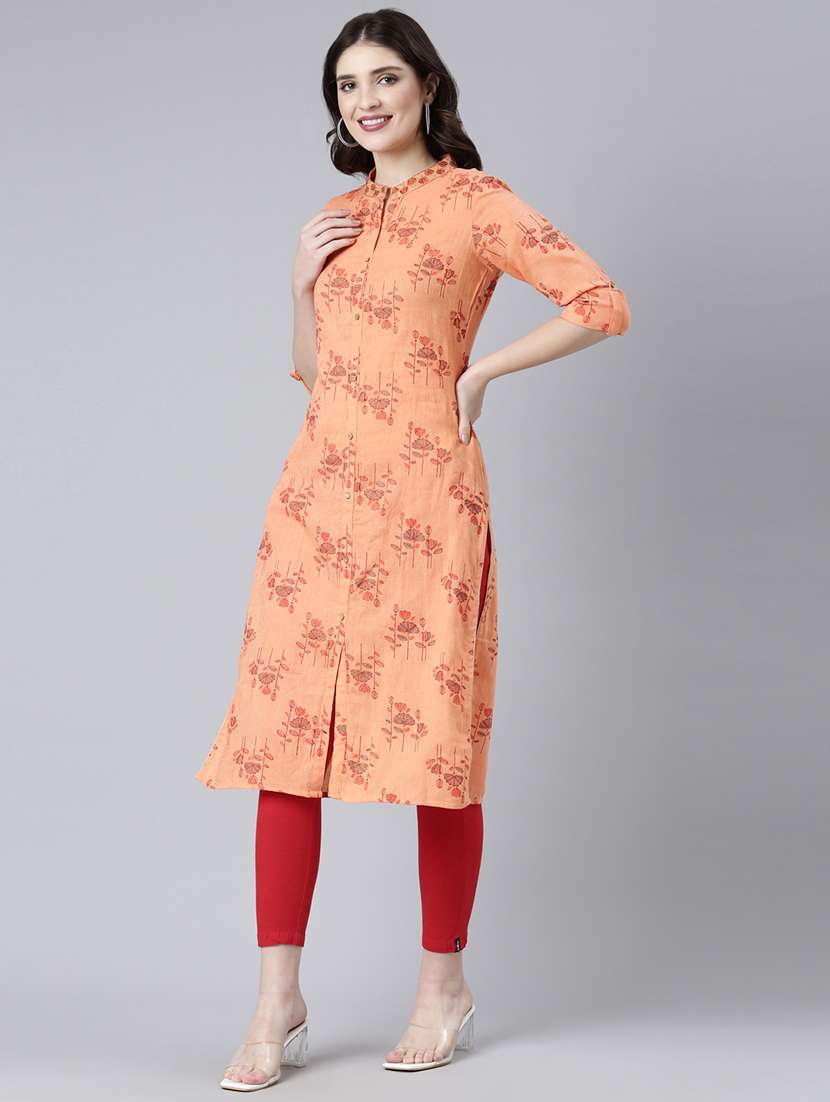 women peach floral roll up sleeve straight kurta - 21729811 - Standard Image - 3