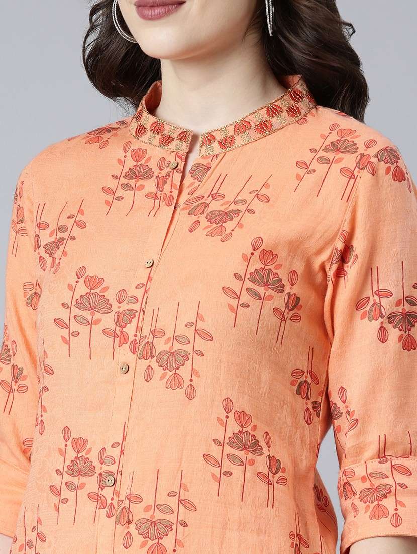 women peach floral roll up sleeve straight kurta - 21729811 - Standard Image - 5