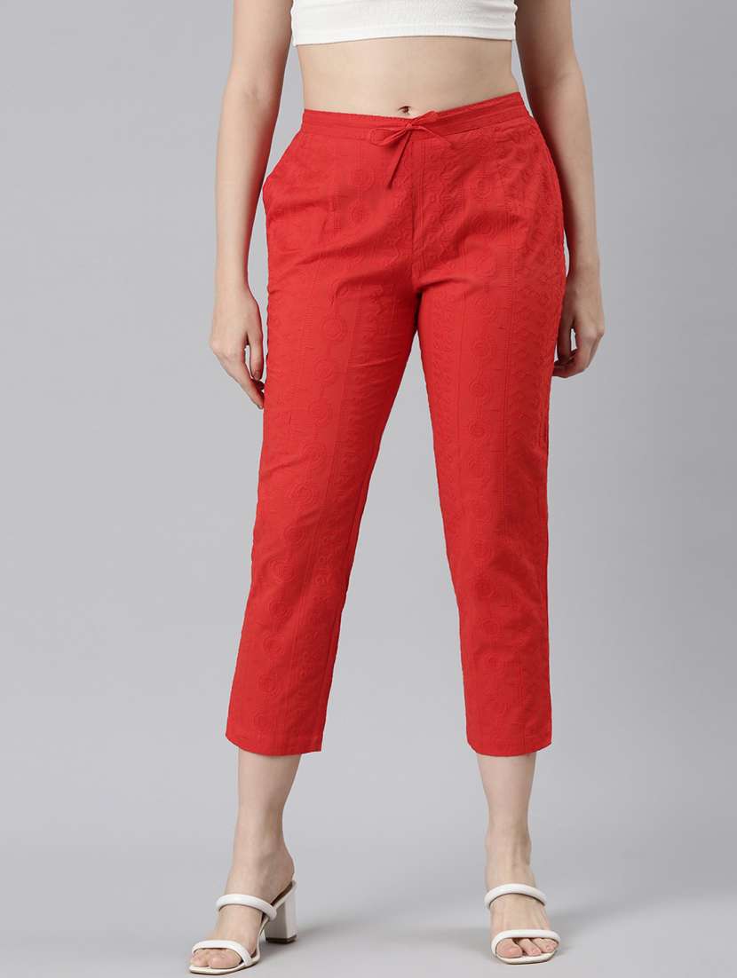 women embroidered mid rise tapered pant