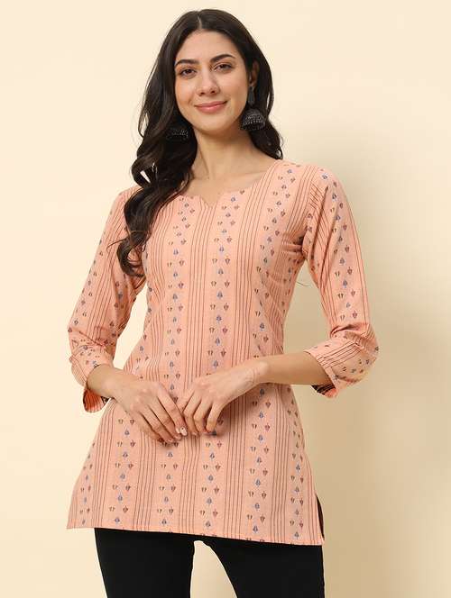 women peach three quarter sleeve straight kurti - 21729861 -  Standard Image - 0