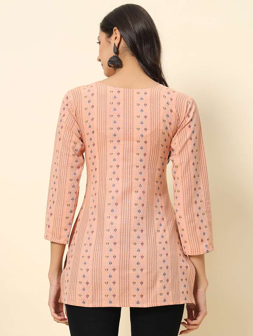 women peach three quarter sleeve straight kurti - 21729861 -  Standard Image - 3