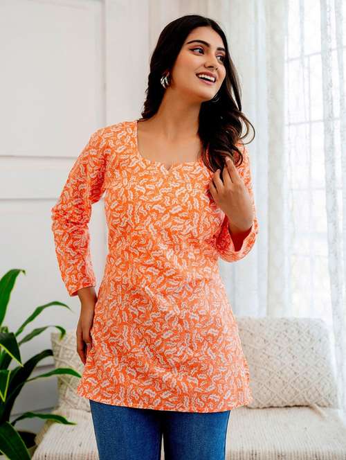 women orange printed long sleeve straight kurti - 21729867 -  Standard Image - 0