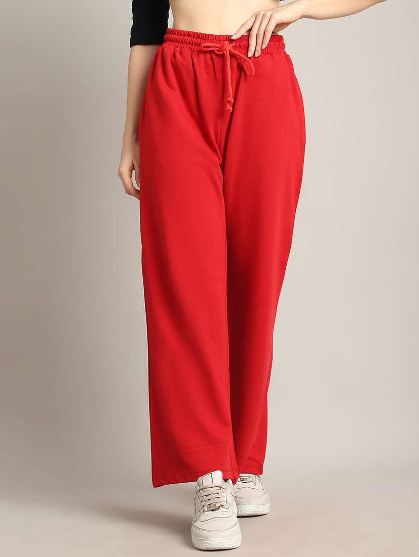 women solid high rise relaxed fit track pant