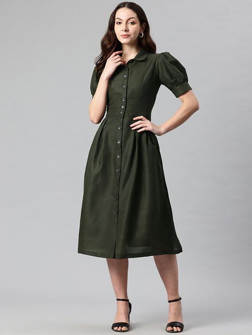 women solid collared puff sleeves a-line dress - 21730235 -  Standard Image - 0