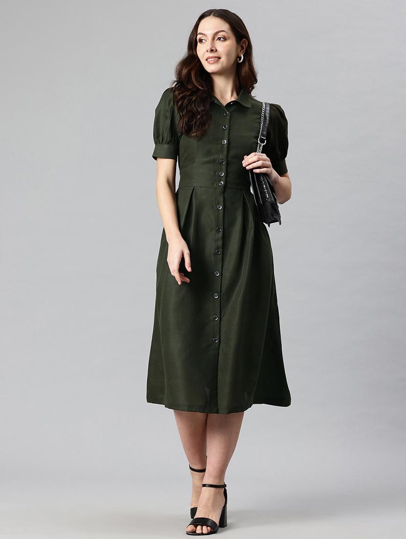 women solid collared puff sleeves a-line dress - 21730235 - Standard Image - 3