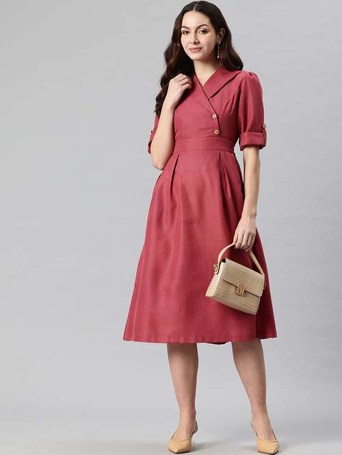 women solid laple neck a-line dress - 21730240 - Standard Image - 0
