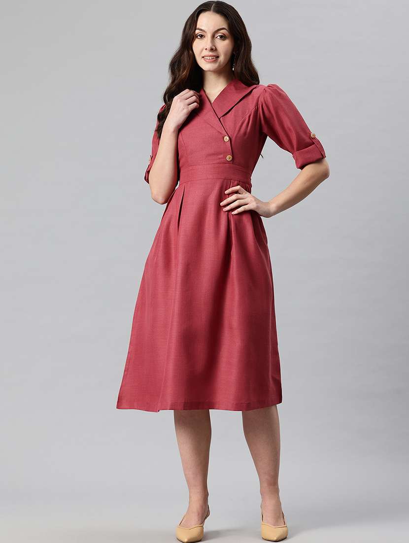 women solid laple neck a-line dress - 21730240 - Standard Image - 3