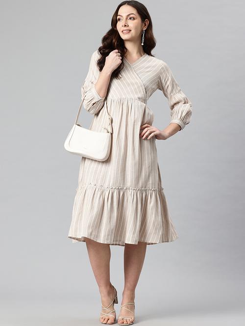women striped puff sleeves tiered dress - 21730253 - Standard Image - 0