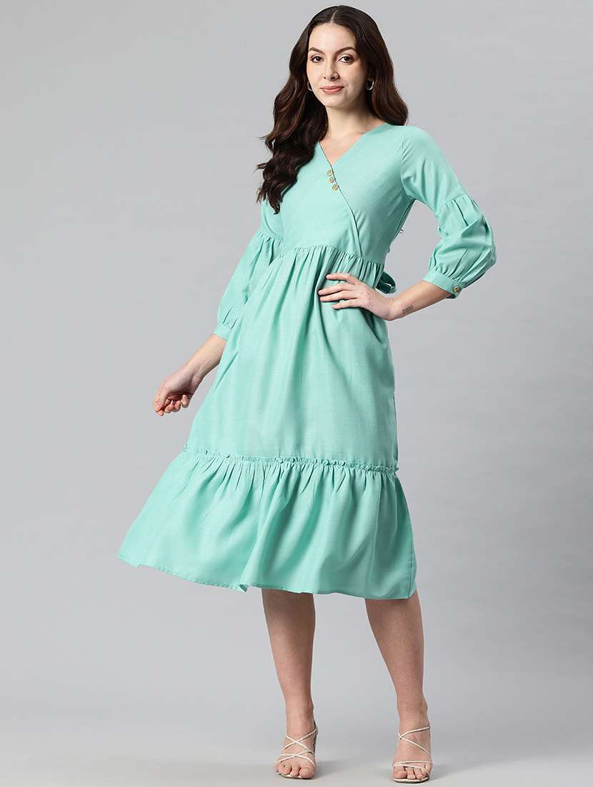 women solid puff sleeves tiered dress