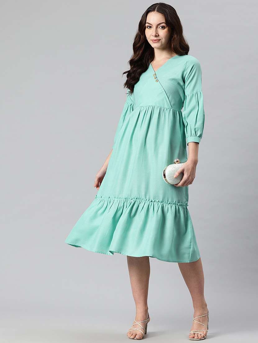 women solid puff sleeves tiered dress - 21730254 -  Standard Image - 3