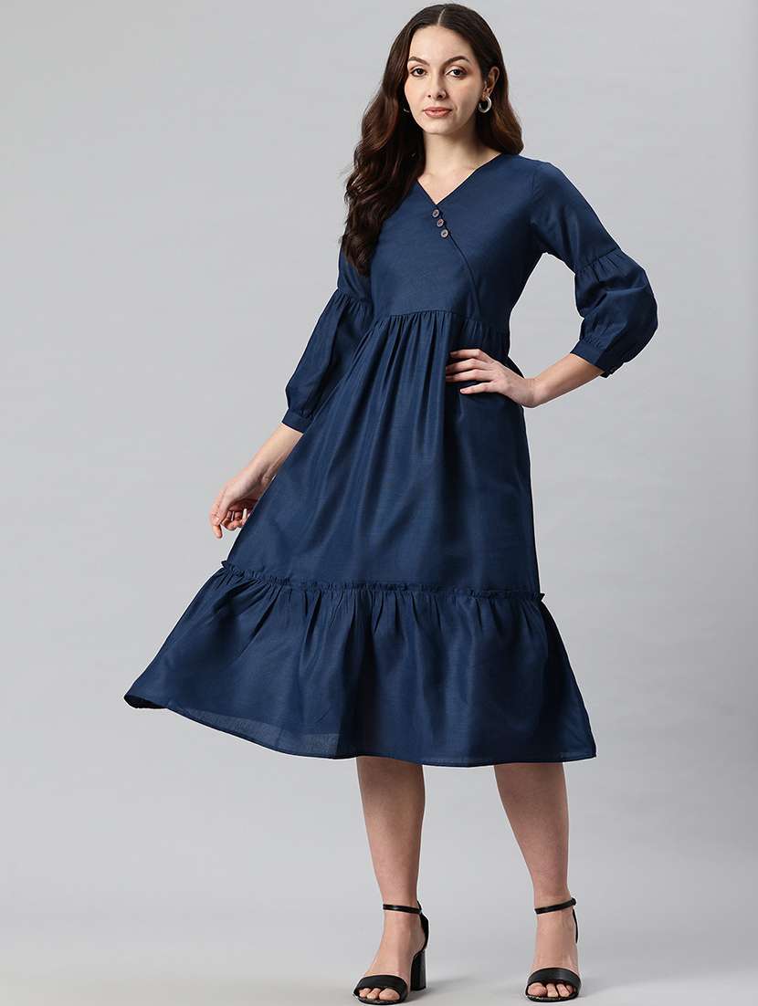 women solid puff sleeves tiered dress