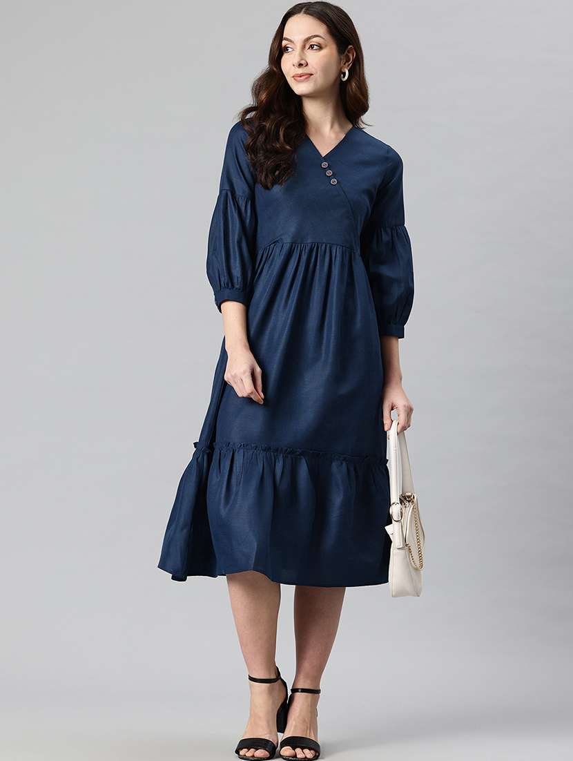women solid puff sleeves tiered dress - 21730255 -  Standard Image - 3