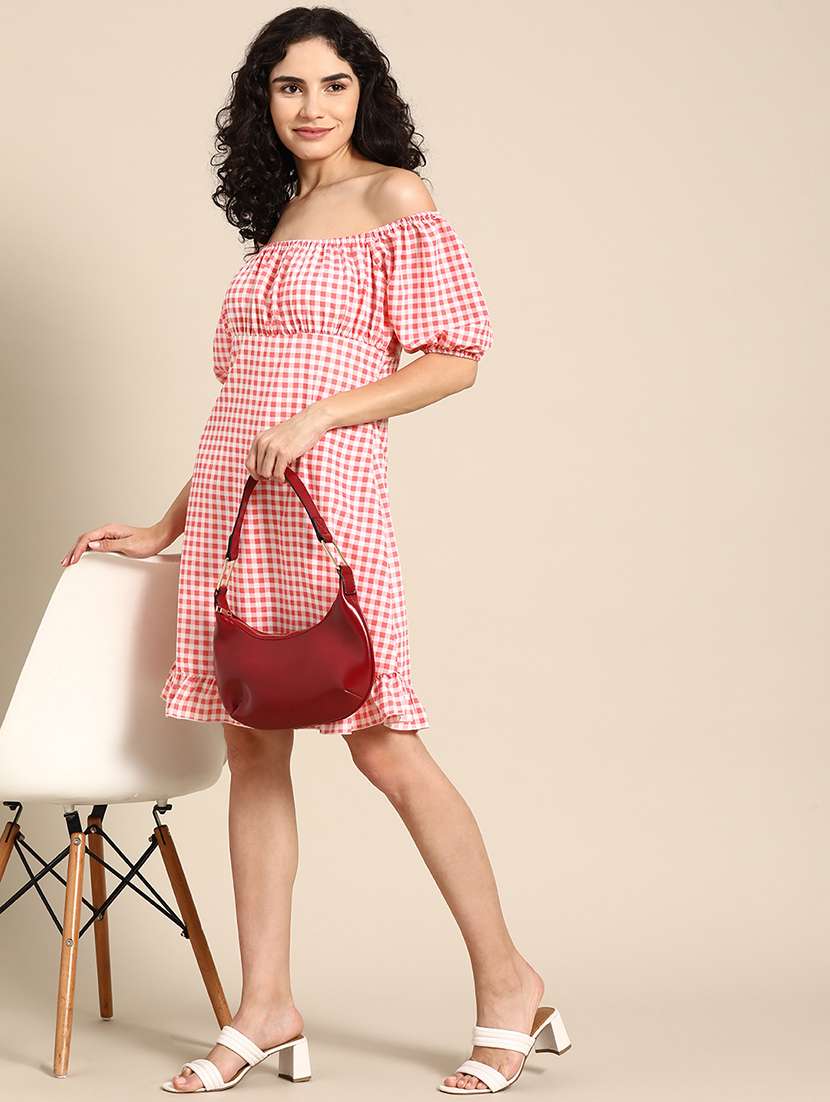 women off shoulder checkered tiered dress