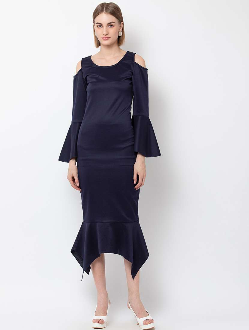 women bell sleeves solid asymmetric dress