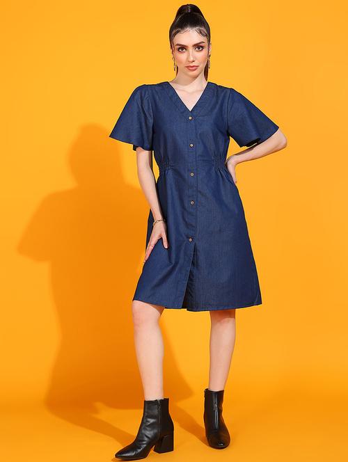 women v-neck solid a-line dress - 21730333 -  Standard Image - 0