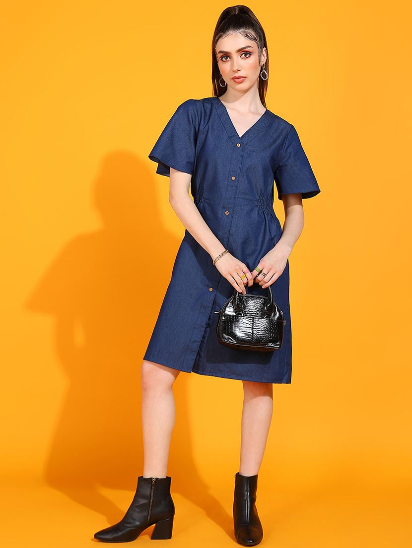 women v-neck solid a-line dress - 21730333 - Standard Image - 3