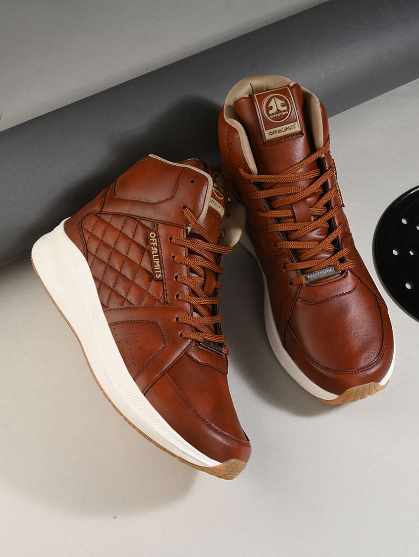 men solid tan lace up high ankle sneaker - 21730708 -  Zoom Image - 0