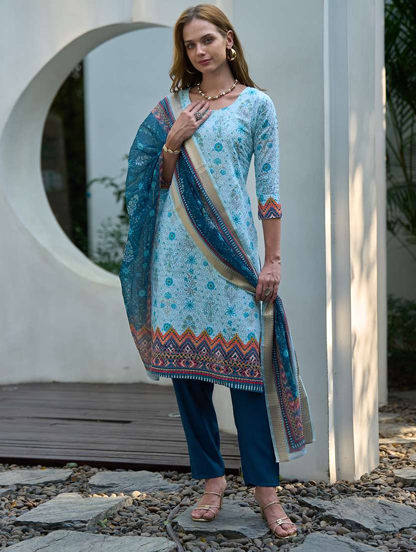 women three quarter sleeve kurta pant with dupatta set 
