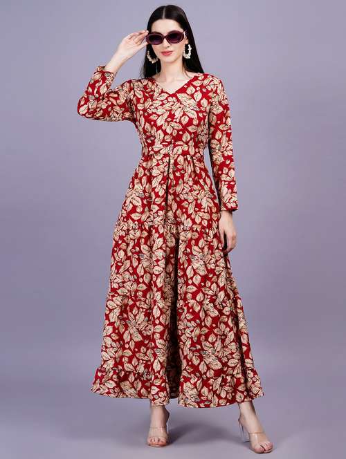 women printed puff sleeves fit & flare dress - 21730882 - Standard Image - 0
