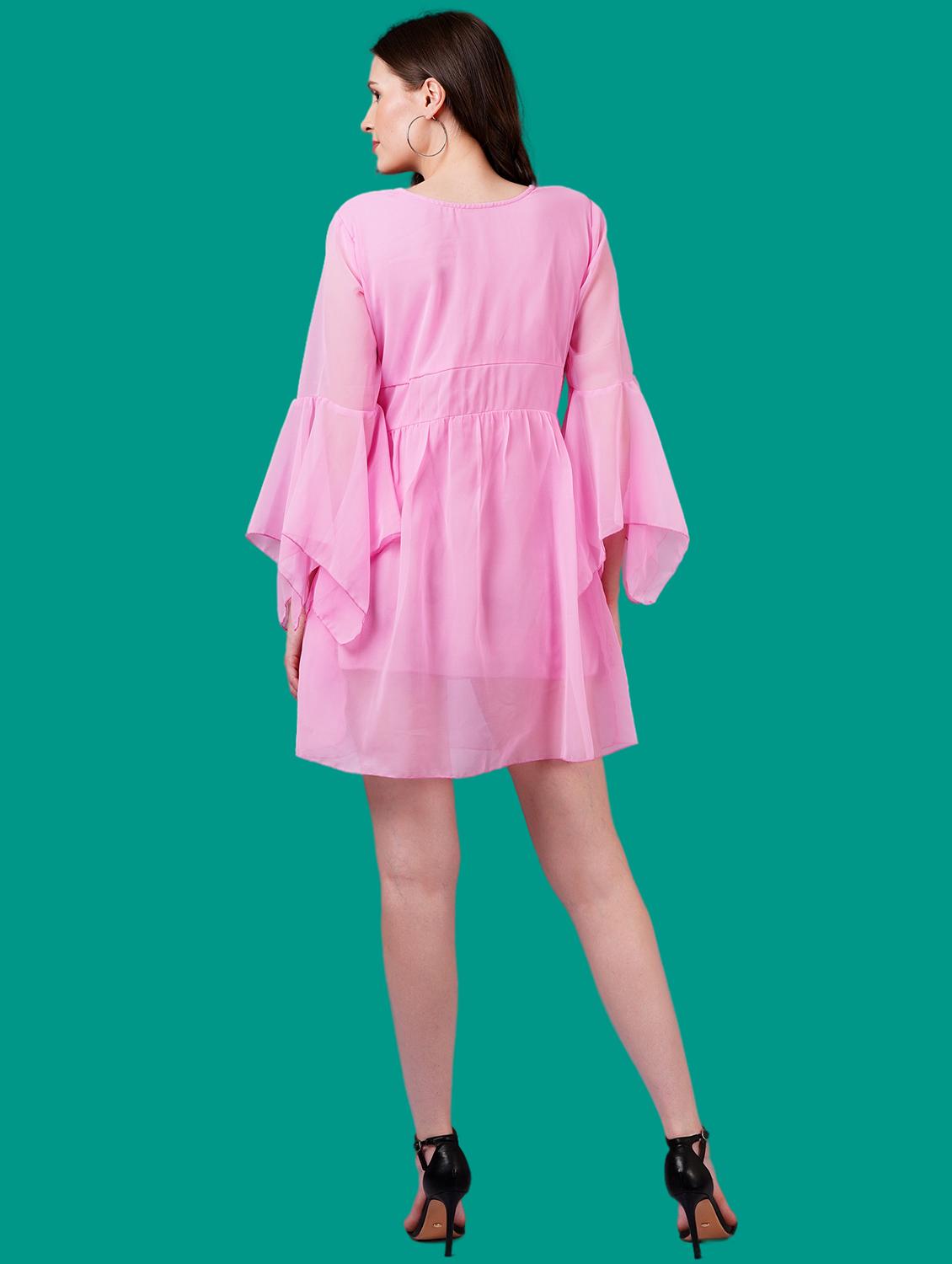 women solid flute sleeves a-line dress - 21730896 - Standard Image - 3